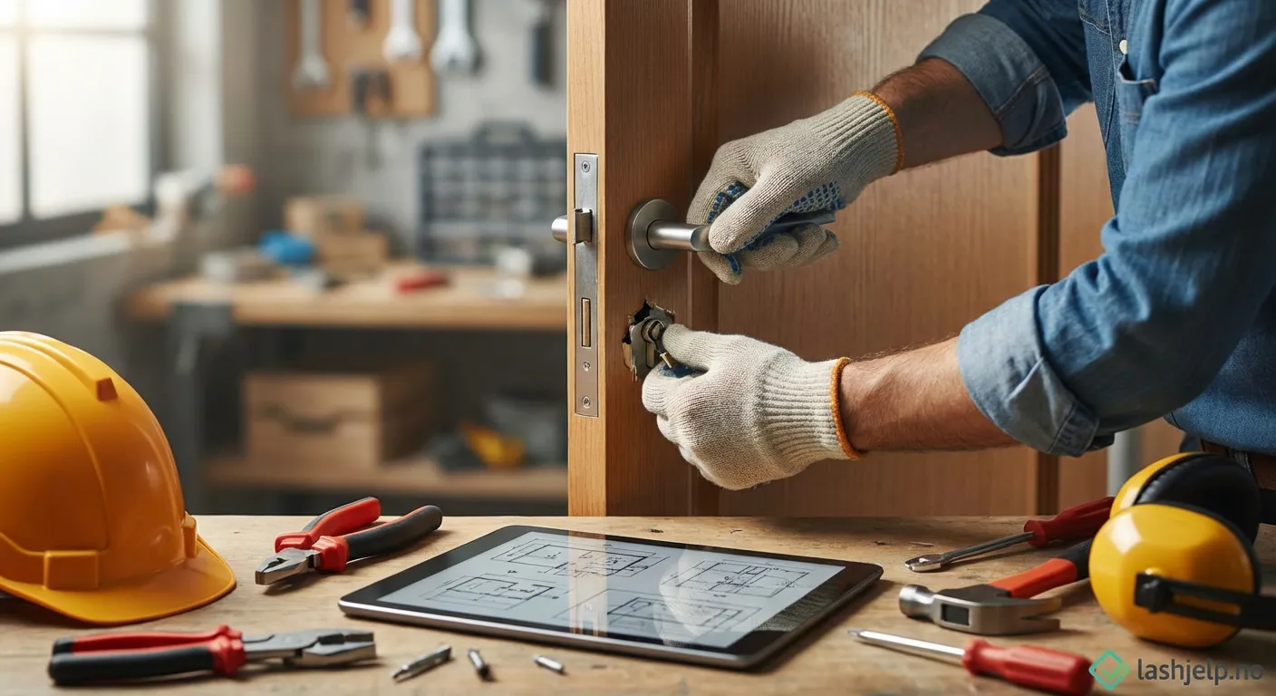 Låsesmed som arbeider med en dørlås iført verneutstyr